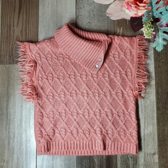 Little Lass Blush Pink Sleeveless Frayed Hem Sparkly Knit Turtle Neck Sweater 2T - Picture 11 of 14